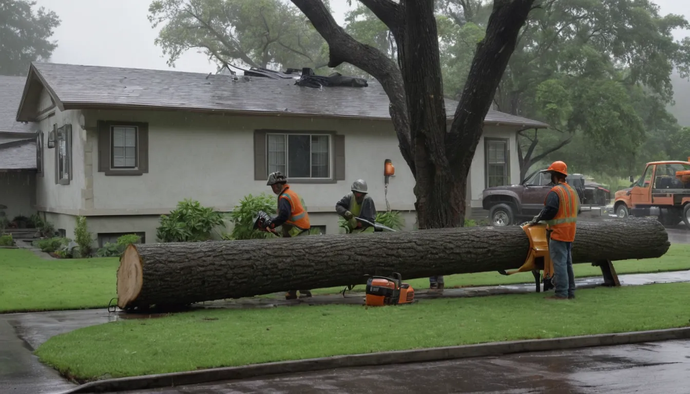 Tree service crew clearing a storm-fallen tree from a stucco ranch home yard in Los Angeles