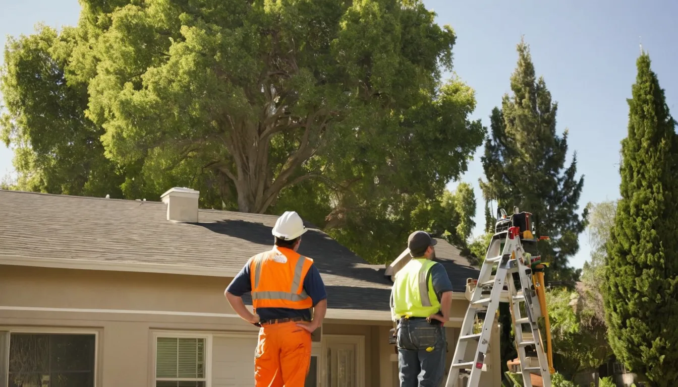 A tree provider and a homeowner talking beside a large backyard tree in Los Angeles