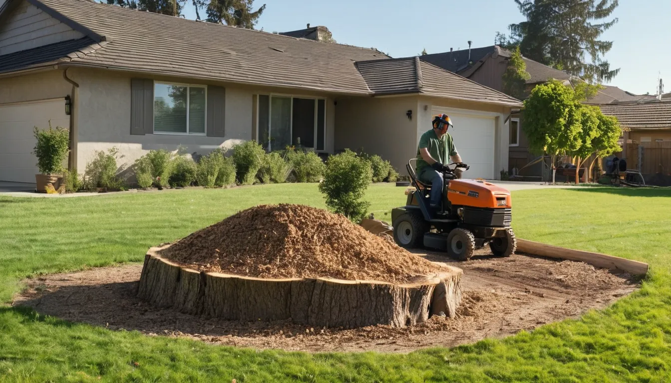 A local provider grinding a tree stump in a backyard in Los Angeles